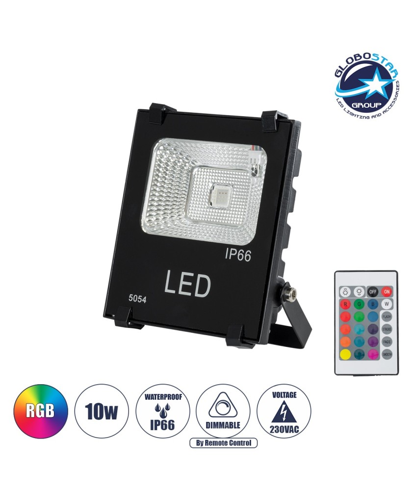 GLOBOSTAR® RGBFLOOD 75600 Προβολέας με IR Ασύρματο Χειριστήριο LED 10W 650lm 120° AC 220-240V Αδιάβροχο IP66 Πολύχρωμο RGB Dimmable - Μαύρο Ματ - Μ11 x Π4 x Υ13.5cm - 2 Χρόνια Εγγύηση